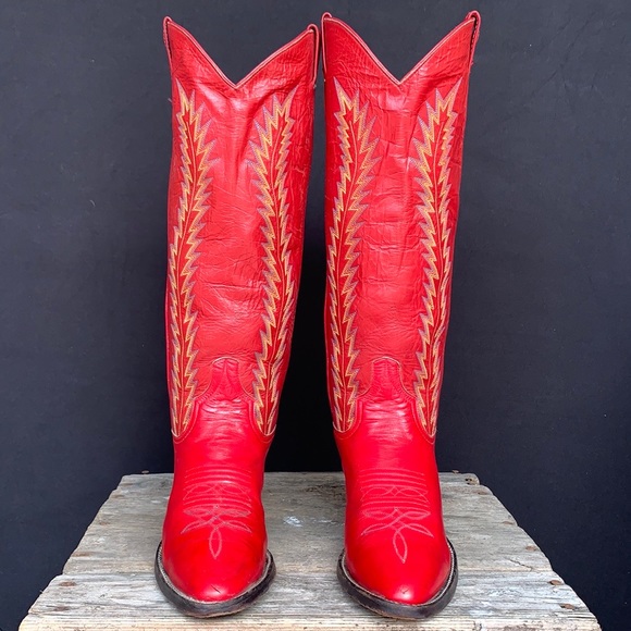 LARRY MAHAN Vintage Red Tall Knee High Cowgirl Cowboy Western Boots Size 7.5 - Picture 3 of 9